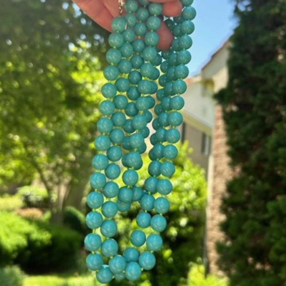 VTG Sky Blue Glass Bead Green Hand Knotted Long NECKLACE